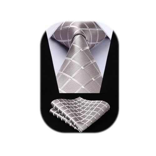 HISDERN Dai un'occhiata Cravatta da sposa Fazzoletto Cravatta da uomo & Pocket Square Set (Beige/bianco)