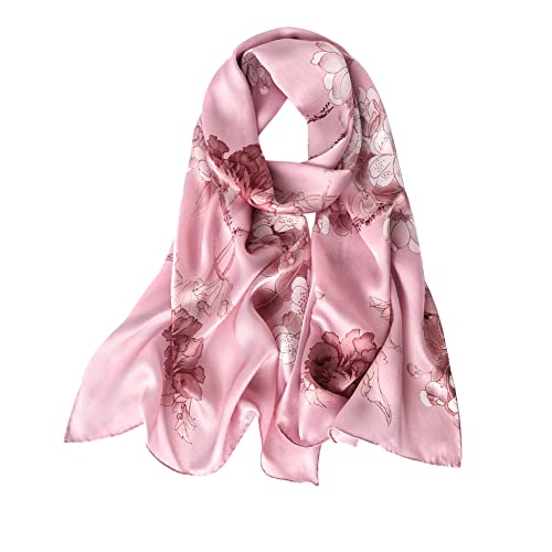 STORY OF SHANGHAI Sciarpa di 100% Seta Charmeuse da Donna Foulard a Raso con Fantasie Orientale, Fiori di Peonia su Rosa Chiaro,56x177cm