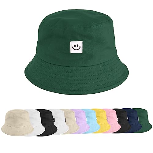 UMIPUBO Cappello Pescatore Pieghevole Bucket Hat Cotone Donna Uomo, Protezione del Sole Cappelli Faccia Sorridente Cappellino 56-58cm (Smile Verde)