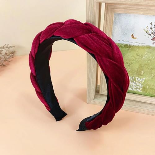 YJzhAHanG Fascia for capelli, fasce for capelli, fascia for donna fascia for capelli intrecciata tinta unita copricapo laterale largo accessori for capelli for adulti autunno (Color : Red hairband, Size : One