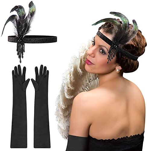 BBTO Accessori degli Anni '20 per Donna Fascia con Flapper Guanti Neri con Gomito Fascia in Piume Copricapo Nero con Perline Copricapo con Flapper Guanti Lunghi Neri Guanti da Sera Lunghi