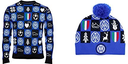 Inter JUXMAS_01, Xmas 2021 Maglione, Adulto, Unisex, Blu, M & Cappellino di Natale, Xmas 2021_Beanie, Berretto Unisex, Adulto, Taglia Unica, Blu