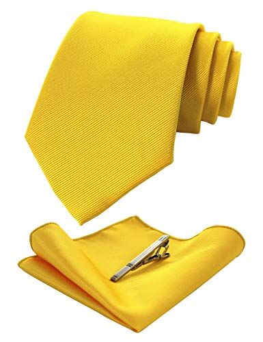 JEMYGINS Cravatta Uomo Giallo brillante in Seta Formali Matrimonio Riunirsi Occasioni Multicolore con Fazzoletto e Fermacravatta