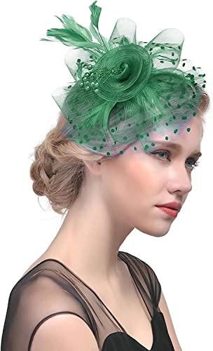 QUNINE Cappello Fascinator in rete per donna Fiore Maglia Piume Fermaglio per capelli Tea Party Matrimonio Cocktail Festa di nozze Cappello verde Fascia per capelli (Colore : Beige, Taglia : One Size) (Gre