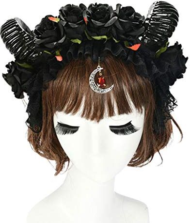 LEEINTO Halloween Gothic Fascia Fatto A Mano Rosa Pecora Corno Capelli Cerchio Pizzo Luna Pendente Gocce Copricapo Fasce Per Capelli Donne Coda Di Cavallo