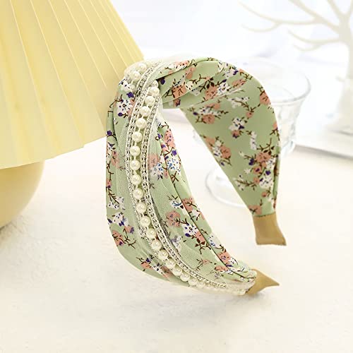 Generic Fashion new hairband tessuto stampato piccola perla fresca catena accessori per capelli fascia dolce giapponese e coreano signore tornante F, cerchietto perla croce verde