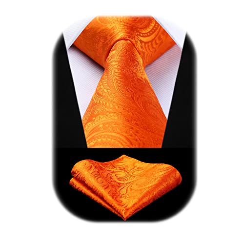 HISDERN Cravatta Uomo Elegante Cravatta Arancione Paisley e Fazzoletto Set Cravatte Seta Tinta Unita per Matrimonio Festa Funerale Lavoro