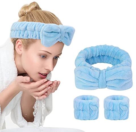 UNIMEIX 3 Pack  and Wrist Washband Face Wash Set,Reusable Soft Makeup Headband Fleece Skincare Headbands for Washing Face Shower (Narrow Blue)