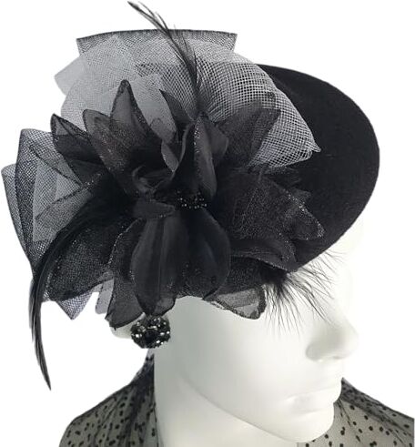 Tocados Creaciones Koenders Fascinator fatto a mano in feltro nero con fiore di crinolina con piume di galletto, elegante copricapo da donna perfetto per occasioni speciali