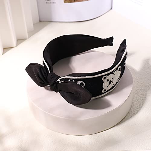 Generic Versione coreana della moda orecchie di coniglio tornante signore a tesa larga stampa capelli annodati fascia netto fiocco rosso hairband F, orso nero orecchie di coniglio hairband