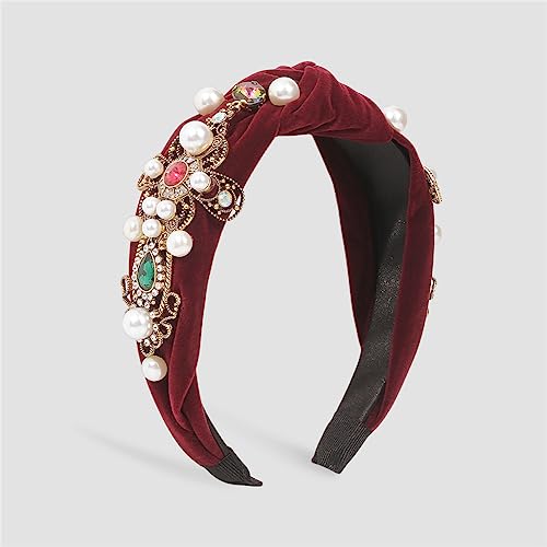 Youllyuu Moda strass fiore perla fascia ampia lato superiore nodo solido fascia per capelli turbante accessori per capelli per le donne vino rosso