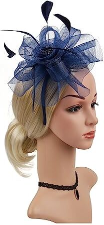 MAYNUO Fascinator da donna con fascia a fiori in maglia di fiori, fermaglio for capelli, fascia for capelli, cocktail di piume, matrimonio, tea party, cappello fascinator (Color : Navy, Size : 1)