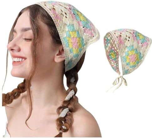 Generic Fasce per capelli da donna in maglia foulard bianco margherita copricapo bandana per capelli vintage hippie fascia cravatta testa fazzoletto boho accessori per capelli lunghi