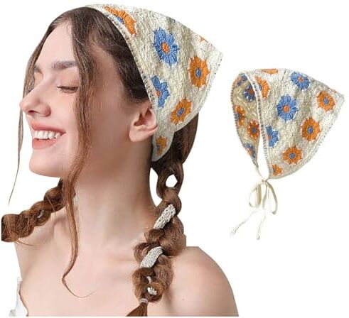 Generic Fasce per capelli da donna in maglia foulard bianco margherita copricapo bandana per capelli vintage hippie fascia cravatta testa fazzoletto boho accessori per capelli lunghi