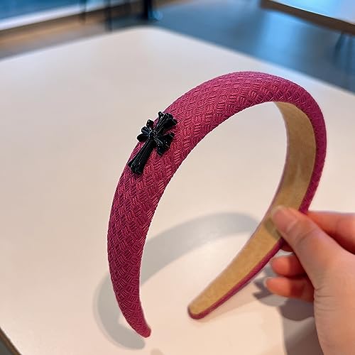 Generico Ragazze coreane Jacquard retrò High Texture Small Fragrance Sponge High Skull Top Headband Uscire Vigoroso Versatile, F053A-Rose Red (Black Cross)