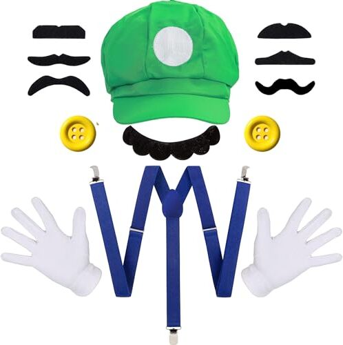 iZoeL Cappello di Mario Luigi, Accessorio per vestire Mario Luigi, Cappello Guanti Bretelle Baffi Bottoni Finti Accessori, per Costume Carnevale Cosplay Costume Halloween Donna Uomo