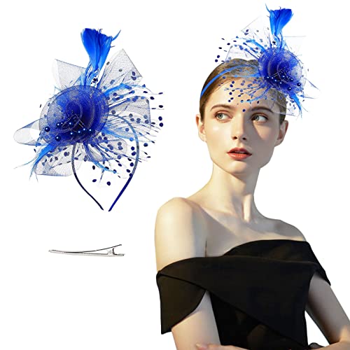 TSHAOUN Fascinators per Capelli da Donna Cappello da Cocktail da Sposa in Piuma,Fascinators per Capelli,Cappello da donna con copricapo, per matrimonio, Kentucky, per feste di tè, con velo (blue)