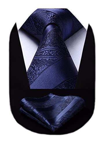 HISDERN Cravatta Blu Navy Paisley Cravatta Uomo Elegante e Fazzoletto Set Cravatte Seta Tinta Unita per Matrimonio Festa Lavoro