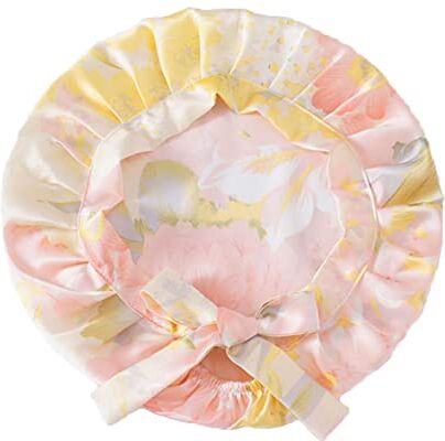 Szcaecie Berretto da notte da donna in seta di gelso al 100%, cappello da notte in seta elegante stampa floreale, cuffia regolabile traspirante naturale (Taglia unica,Fiori giallo/rosa)