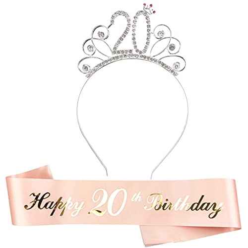 Conruich Fascia e diadema 20° compleanno Compleanno diadema cristallo Corona in oro rosa Tracolle in raso per il 20° compleanno Set da addio al nubilato per il regalo della festa del 20° compleanno