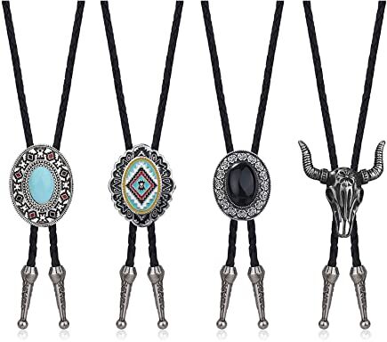 Milacolato 4Pcs Western Cowboy Vintage Bolo Tie Uomo Handmade Forma Rotonda in Pelle Nero Vintage Ciondolo Turchese Bolo Ties Cravatta per Donna Uomo