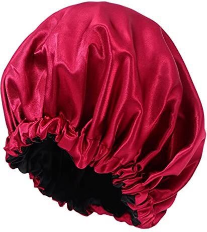 FRCOLOR Shower Cap da Notte Berretto Lungo da Elastico Confinamento Vino Doccia Setoso Rosso Naturale/Berretto Indossare Sonno Raso Lato Nero Doppio Crespo per La Casa