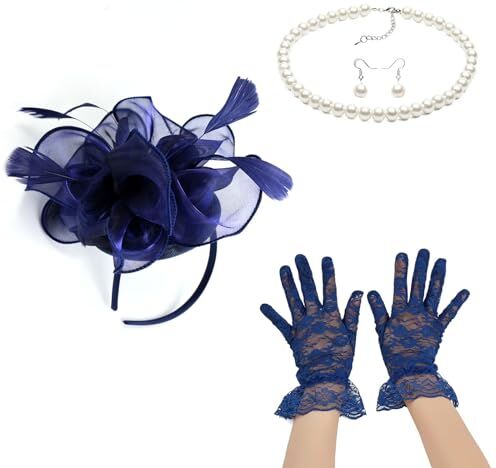 Yooghuge Fascinator Fascia per capelli, guanti in pizzo, collana di perle, orecchini, per cocktail e tea party, costume anni '20, per donna anni '20