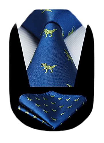 HISDERN Cravatte uomo blu Fazzoletto fantasia dinosauro Cravatta da matrimonio business elegante cravatta set