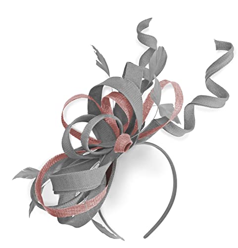 Caprilite Mix Swirl Fascinator cappello su fascia per matrimonio Ascot Races su misura Sinamay per donne (grigio argento e pesca)