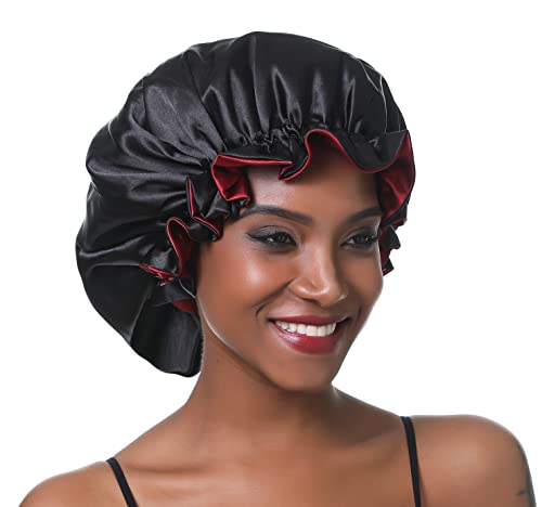 SENGTERM Berretto da donna, regolabile, in raso, a doppio strato, per la cura dei capelli, per capelli ricci, taglia XL, colore: nero e rosso