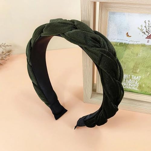 YJzhAHanG Fascia for capelli, fasce for capelli, fascia for donna fascia for capelli intrecciata tinta unita copricapo laterale largo accessori for capelli for adulti autunno (Color : Arm green hairband, Size