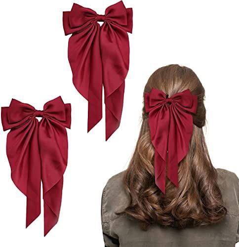 FIBOUND 2 Pezzi Lunga Seta Fiocco Capelli, Mollette Capelli Raso Francese Bowknot Clip, Clip Barrette Grande Fiocco, Fermagli per Capelli Grandi in Tinta Unita Accessori per Ogni Occasione Come