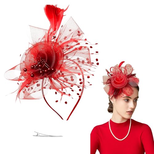 INIFLM Fascinator Cappello Fiore Nastri a Rete Piume su Una Fascia, Fascinator da Donna Copricapo da Sposa con Velo Decorazione Vintage, Accessori per Capelli Floreali per Ragazze e Donne(Rosso)