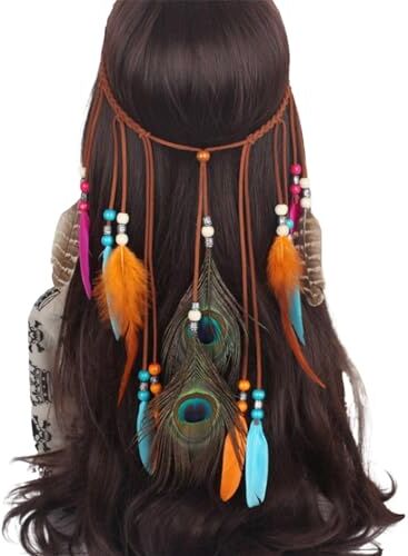 MNRIUOCII Fascia per capelli con piume indiane: boho arcobaleno nappa hippie copricapo tribale, per feste, copricapo per donne e ragazze