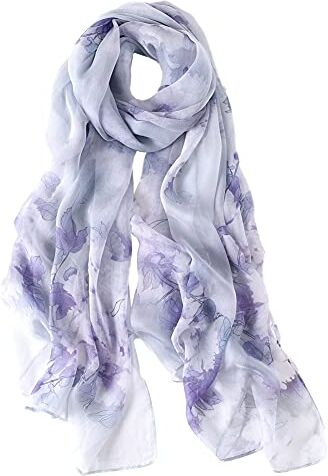 STORY OF SHANGHAI Sciarpa di 100% Seta da Donna Foulard Chiffon con Fantasie Orientale Semi-Trasparente, Fiori e Sfumatura Lilla