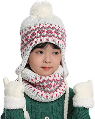 Saterkali Guanto regalo per voi, 1 set da 2 a 5 anni, cappello da berretto, sciarpa, guanti jacquard addensato autunno inverno cappello elastico set per esterno bianco