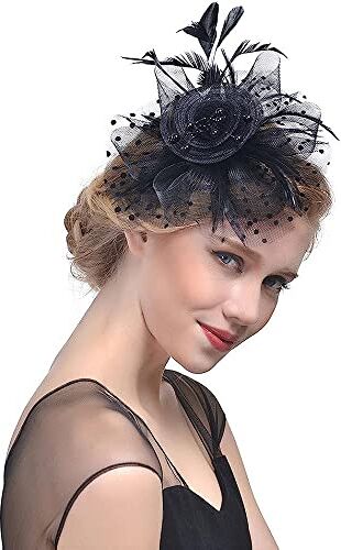 QUNINE Fascinators in rete per le donne Cappello da tè per feste Cappelli Fiore Maglia di piume Fascia per capelli Festa nuziale Fascia per fiori di piume bianche (Colore : Khaki, Taglia : One Size) (Schwa