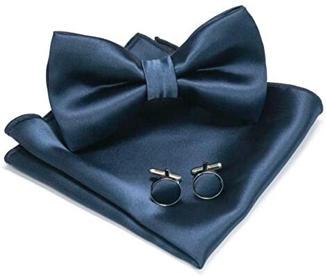 JEMYGINS Navy4 da uomo in raso con papillon e fazzoletto da taschino con gemelli