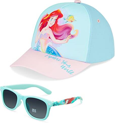 Disney Stitch Cappello Con Visiera e Occhiali da Sole Bambina Stitch Gadget Ariel Cappellino con Visiera Glitter Occhiali da Sole Bambini Cappello Baseball Idee Regalo (Blu Ariel)