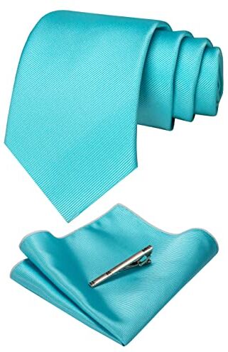 JEMYGINS Cravatta Uomo Blu tiffany in Seta Formali Matrimonio Riunirsi Occasioni Multicolore con Fazzoletto e Fermacravatta