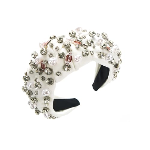 Generic Fascia da rugby da donna, in tessuto denim, con perle e diamanti, accessorio per capelli per ragazze (bianco, taglia unica)