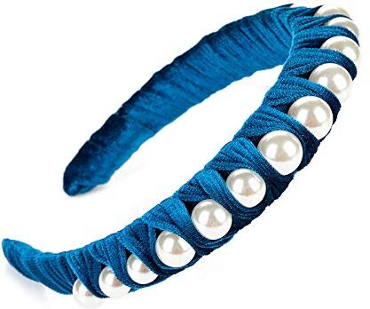 ZHANGXIANG Cerchietto Metallo Cerchietto Di Perle Fatto A Mano Creativo Di Moda Fascia In Tessuto Di Velluto Dorato Con Perle-Perla Blu Reale