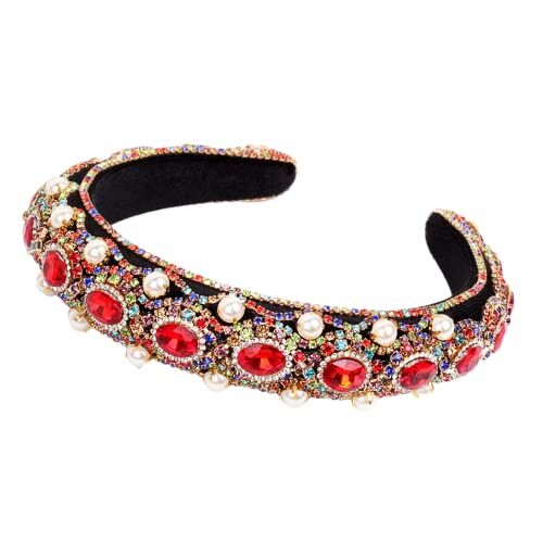 Antique Ovale perla fiore spugna Hairband barocco diamante Accessori per capelli catena strass Cerchio per capelli (rosso)