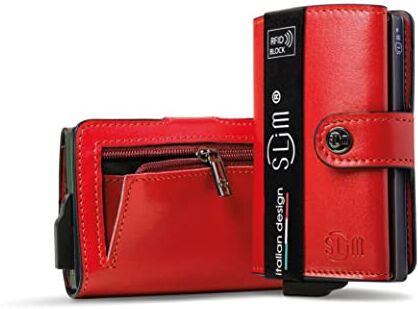 SLim Porta Carte di Credito Schermato Portafoglio Uomo Rfid Portatessere Anticlonazione Donna Portacarte Uomo (Rosso, Con Zip)