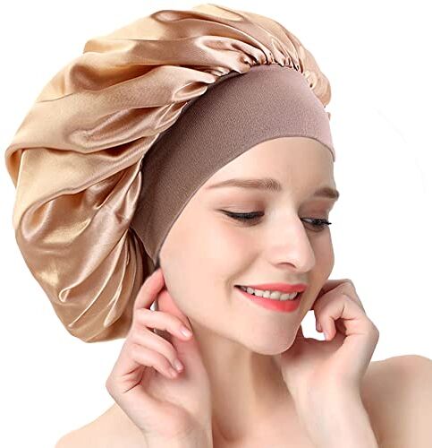 AONAT Berretto da Notte Raso, Seta Cuffia per Capelli con Elastico a Banda Larga, Grande Cuffia da Notte, Dormire Cappello Protezione dei Capelli, Donna Cuffia Capelli Ricci Notte Bonnet (Oro)