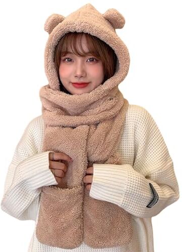 Renywosi Set Di Guanti, Cappelli E Sciarpe Invernali Da Donna   Set Di Guanti E Sciarpa Con Cappuccio 3 In 1, Cappucci Dell'orso Del Fumetto Di Inverno, Set Da Donna Per Stagione Fredda