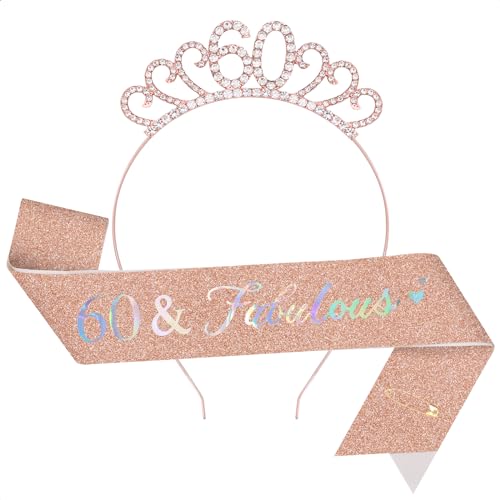 TOPWAYS 60 Anni Compleanno Donna Decorazioni Corona Sciarpa Set, 60 Anni Fabulous Sash e Strass Coroncina Compleanno per Decorazioni Festa di Compleanno 60 anni Ragazza Donna (60 Fabulous, Rosa Oro)