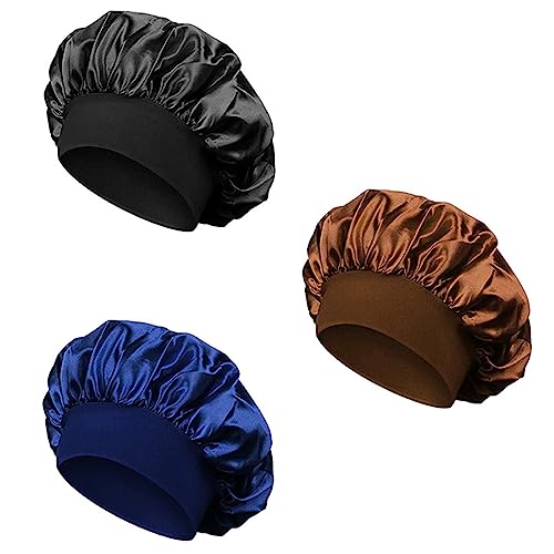 TSLRSA 3 Pezzi Cuffia Seta Capelli Ricci, Cuffia Seta Cuffia da Notte Cuffie per Dormire Cappello da Notte per Donna Berretto da Notte Raso per Donna (Caffè + Nero + Ciano)