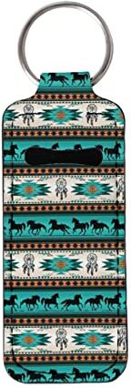 Binienty Cavallo Aztec Green Chapstick Holder Portachiavi Balsamo Labbra Neoprene Gradiente Colore Leopardo Stampa Chapstick Holder con Anello in Metallo per Accessori da Viaggio