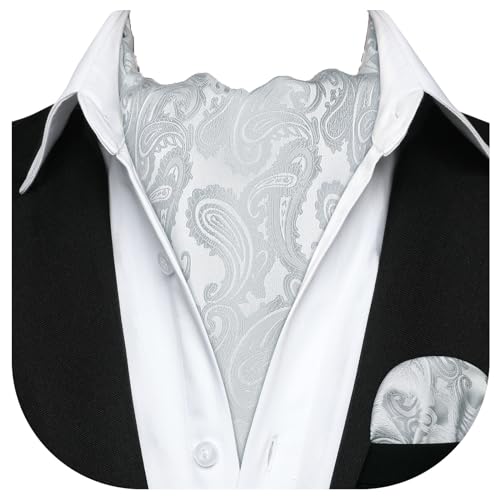 HISDERN Ascot Uomo Seta Grigio Motivo Cachemire Elegante Cravatta Ascot e Fazzoletto da Taschino Matrimonio Festa Foulard Fazzoletto da Collo Uomo